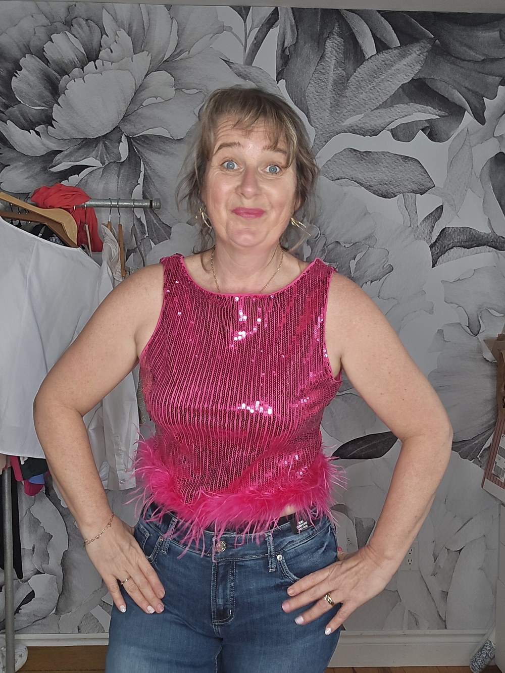 Bright Pink Sequin Feather Hem Tank Top